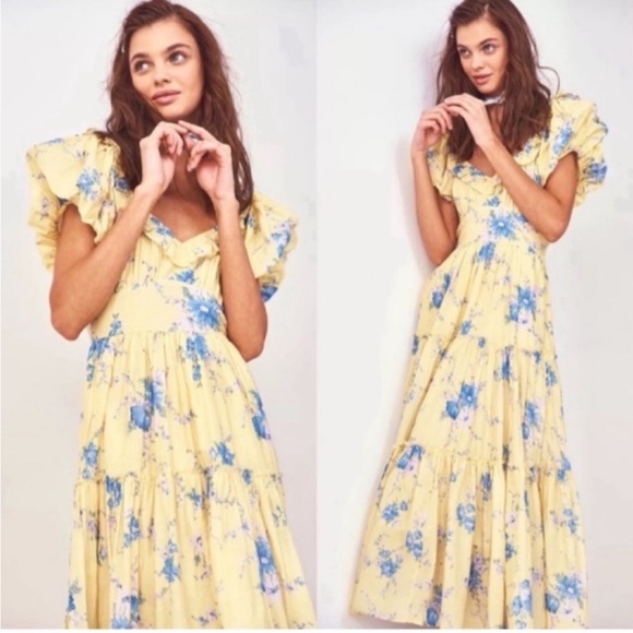 LoveShackFancy Dresses & Skirts - LoveShackFancy Dress Emory Midi in Yellow Blue Floral